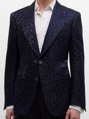 Tom Ford Cooper Metallic Blue Leopard Jacquard Formal Dinner Tuxedo Jacket 46